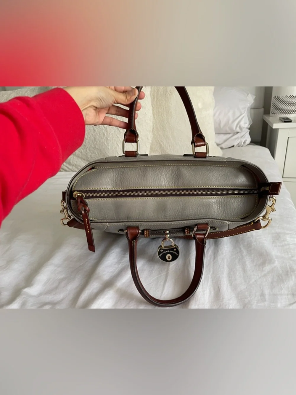 Dooney & Bourke Samba Leather Belted Shopper Satchel Gray Brown Crossbody